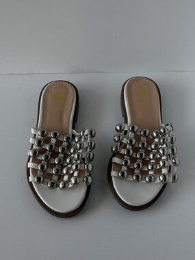 White Silver Studded Caged Flat Slide Sandals